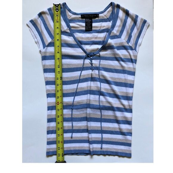 Rampage, Blue, White & Tan Stripe, stretchy, short/cap sleeve top, Size Medium - Picture 5 of 5